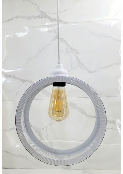 Beyaz Endüstriyel Metal Hasır Tel Dairesel Model Hol Mutfak Tekli Sarkıt Avize Aydınlatma