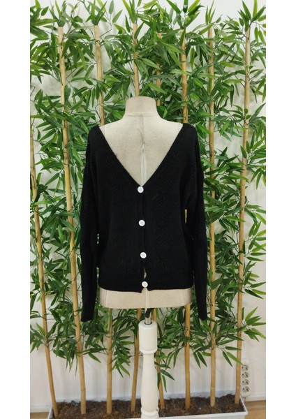 Kadın Uzun Kollu V Yakalı Arkası Düğmeli Triko Bluz