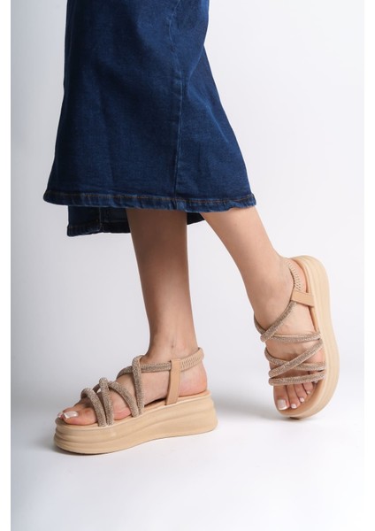 Elena Lastikli Taşlı Şeritli Ortopedik Taban Kadın Sandalet Ctt - Ten fiyatları