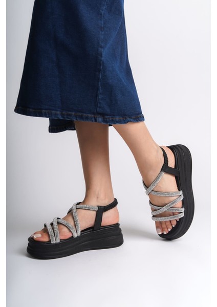 Elena Lastikli Taşlı Şeritli Ortopedik Taban Kadın Sandalet Cst - Siyah fiyatları