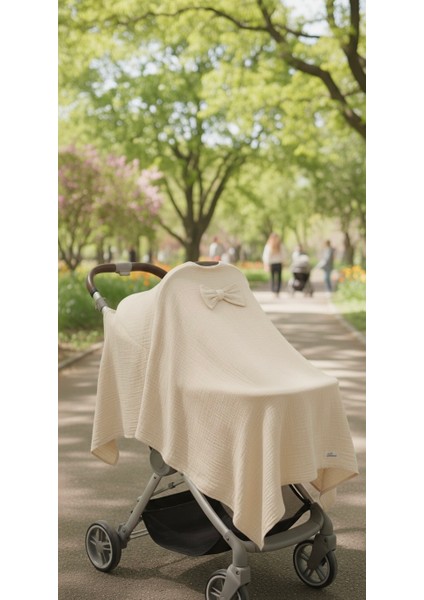 Emira Tasarım Premium Müslin Emzirme ve Puset Örtüsü 80X100 cm Fiyonklu Saf Pamuk Krem indirimleri