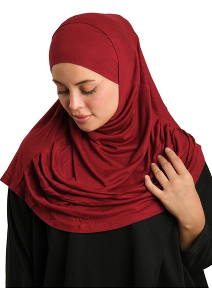Bordo Pratik Hazır Geçmeli Tesettür Eşarp Viskon Boneli Büyük Boy 1290BV_16