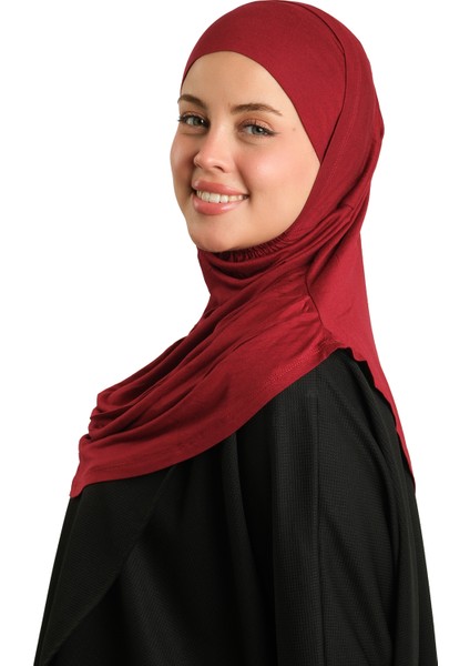 Bordo Pratik Hazır Geçmeli Tesettür Eşarp Viskon Boneli Büyük Boy 1290BV_16 modelleri