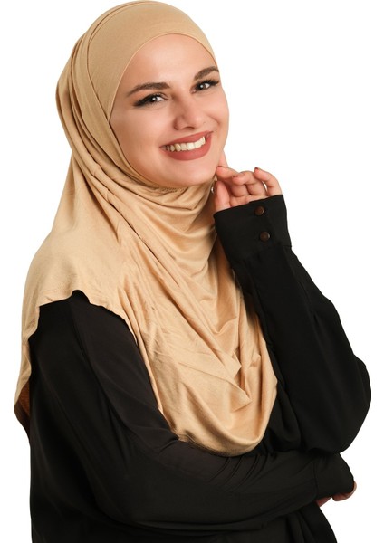 Sütlü Kahve Pratik Hazır Geçmeli Tesettür Eşarp Viskon Boneli Büyük Boy 1290BV_26