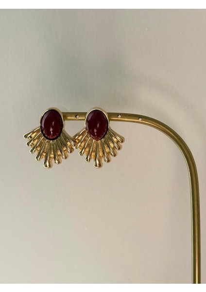 Bordo Mineli Yelpaze Model Orta Boy Gold Çelik Küpe