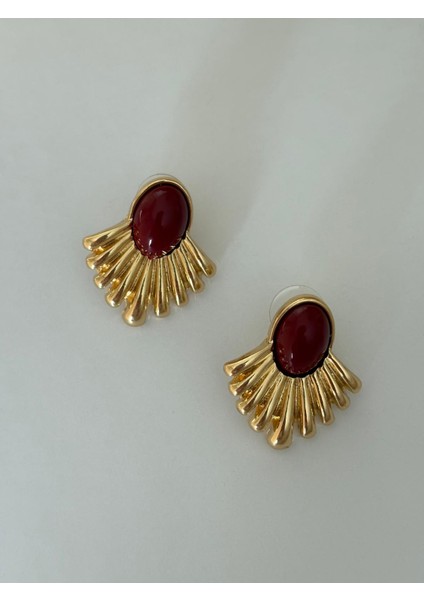 Bordo Mineli Yelpaze Model Orta Boy Gold Çelik Küpe fiyatları