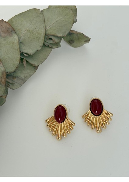 Bordo Mineli Yelpaze Model Orta Boy Gold Çelik Küpe modelleri