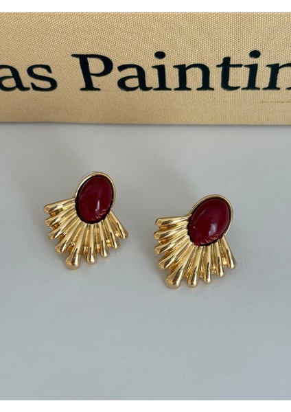 Bordo Mineli Yelpaze Model Orta Boy Gold Çelik Küpe fırsatları