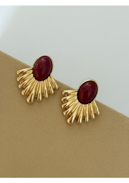 Bordo Mineli Yelpaze Model Orta Boy Gold Çelik Küpe indirimleri