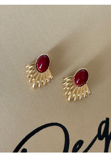 Bordo Mineli Yelpaze Model Orta Boy Gold Çelik Küpe