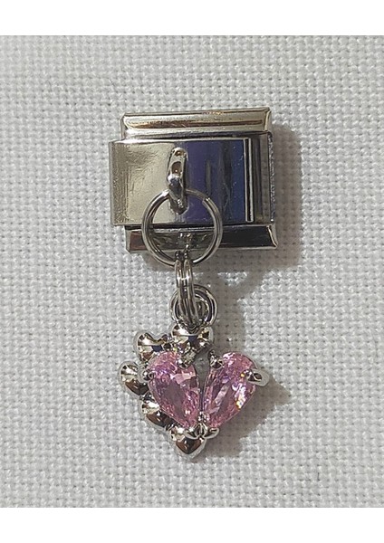 Kalp Kolye - Pembe Taşlı Charm, Italyan Bileklik Uyumlu Paslanmaz Çelik Figürlü