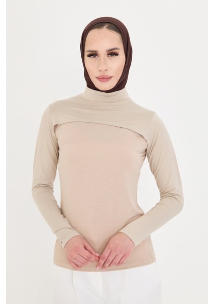 Bej Tesettür Balıkçı Yaka Boyunluklu Kolluk Viskon Düz 1025_12