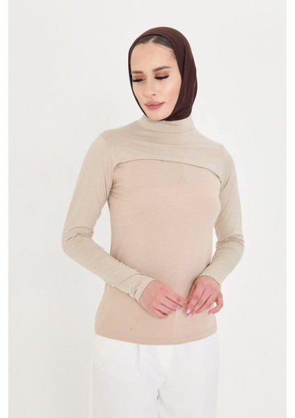 Bej Tesettür Balıkçı Yaka Boyunluklu Kolluk Viskon Düz 1025_12 fiyatları