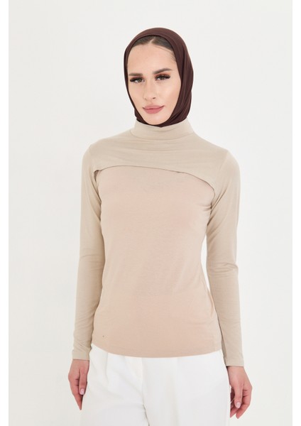 Bej Tesettür Balıkçı Yaka Boyunluklu Kolluk Viskon Düz 1025_12 indirimleri