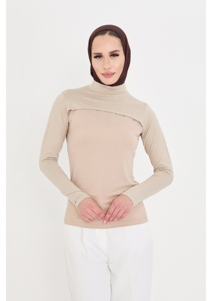 Bej Tesettür Balıkçı Yaka Boyunluklu Kolluk Viskon Düz 1025_12