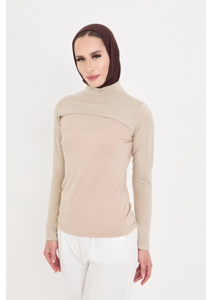 Bej Tesettür Balıkçı Yaka Boyunluklu Kolluk Viskon Düz 1025_12
