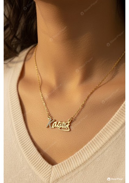 Atatürk Imzası Kolye Zirkon Taşlı Paslanmaz Çelik Kadın Kolyesi