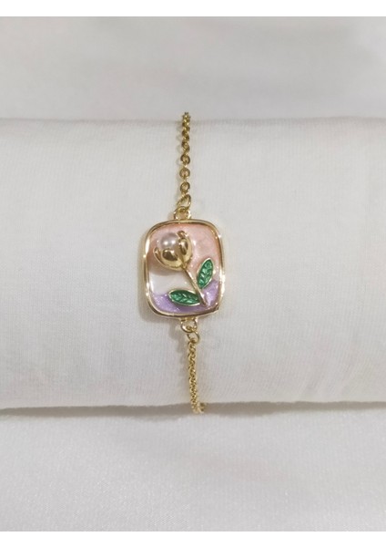 Altın Renk Çiçek Figürlü Incili Zarif Kadın Bileklik