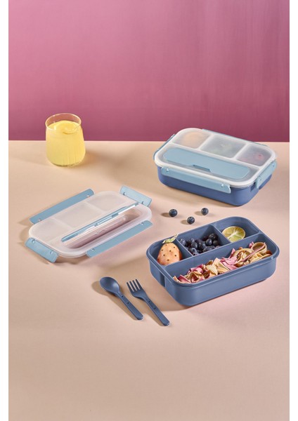 Kaşık Çatallı Lunch Box Sızdırmaz Contalı Kapaklı 4 Bölmeli Beslenme Kabı - Mavi