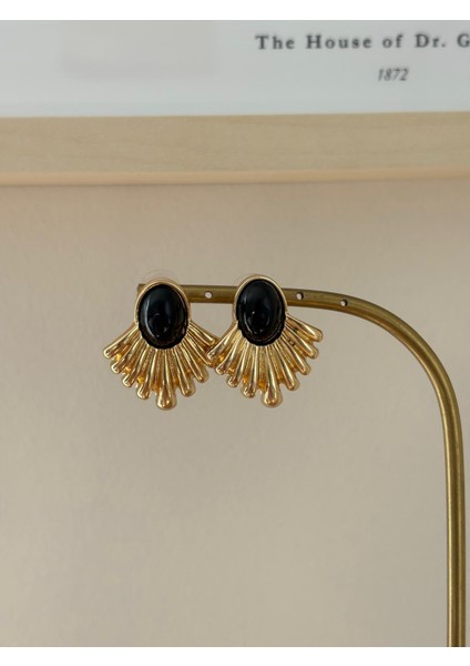 Siyah Mineli Yelpaze Model Orta Boy Gold Çelik Küpe