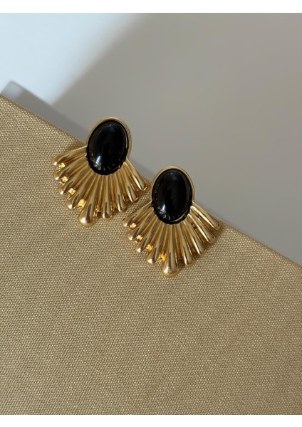 Siyah Mineli Yelpaze Model Orta Boy Gold Çelik Küpe fiyatları