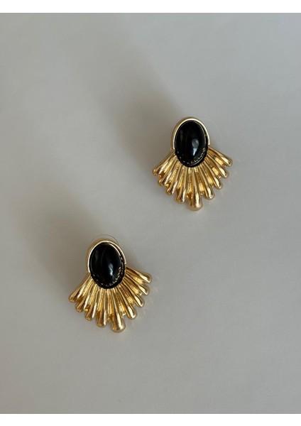 Siyah Mineli Yelpaze Model Orta Boy Gold Çelik Küpe modelleri