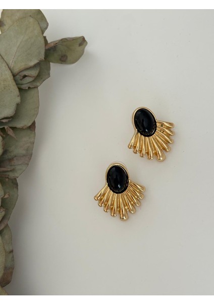 Siyah Mineli Yelpaze Model Orta Boy Gold Çelik Küpe indirimleri