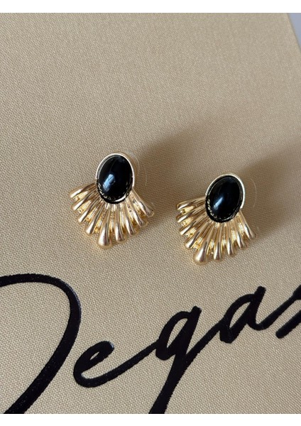 Siyah Mineli Yelpaze Model Orta Boy Gold Çelik Küpe