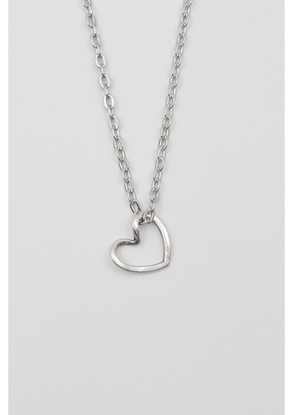 Minimalist Kalp Kolye - Düz Ezme İthal Zincirli Unisex Gümüş Kaplama - 60 cm