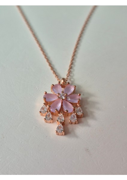 925 Ayar Gümüş Lotus Çiçeği Kolye Pembe Mineli Taşlı Zarif Tasarım Lotus Takı