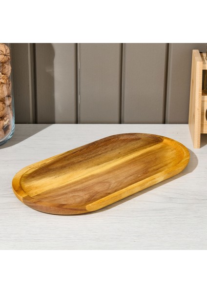 Akasya Oval Servis Sunum Tabağı - Kahverengi - 30X16X1,5 cm