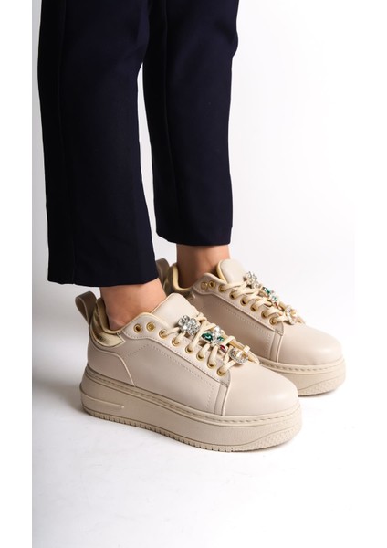 Brıanna Bağcıklı Ortopedik Taban Renkli Taş Dekorlu Kadın Sneaker Spor Ayakkabı Ckt - Krem/altın