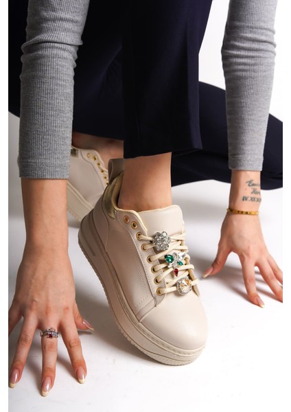 Brıanna Bağcıklı Ortopedik Taban Renkli Taş Dekorlu Kadın Sneaker Spor Ayakkabı Ckt - Krem/altın fiyatları