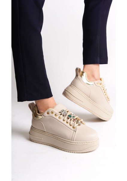 Brıanna Bağcıklı Ortopedik Taban Renkli Taş Dekorlu Kadın Sneaker Spor Ayakkabı Ckt - Krem/altın modelleri