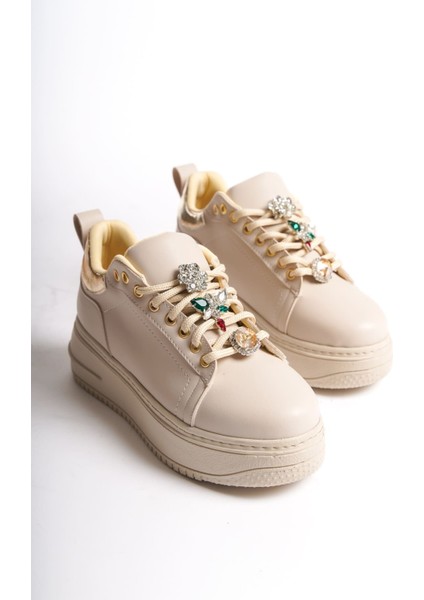 Brıanna Bağcıklı Ortopedik Taban Renkli Taş Dekorlu Kadın Sneaker Spor Ayakkabı Ckt - Krem/altın fırsatları