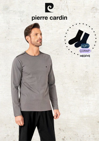 Erkek %100 Pamuk Uzun Kollu Logolu Koyu Gri Pijama Takımı (2 Adet Hediye Çorap) L1.PC.6100.001