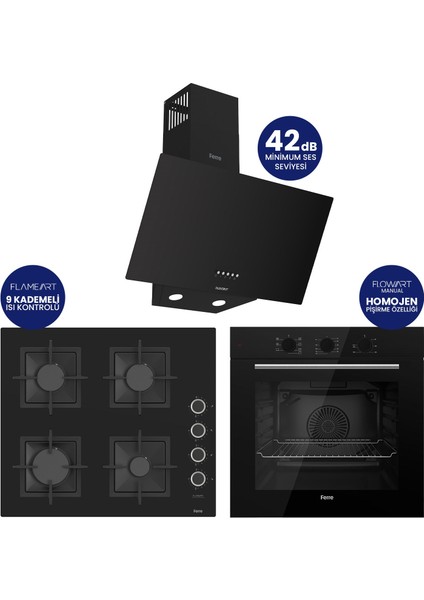 Flowart Turbolu Siyah Cam Ankastre Set ( Kaymaz Döküm Izgara ) QBL62CS - SC205 - D086SA