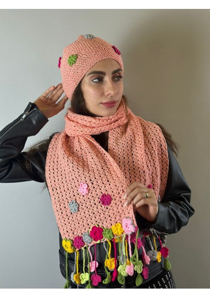 El Örgüsü Çiçekli Pembe Kadın Bere Boyunluk Atkı Set modelleri