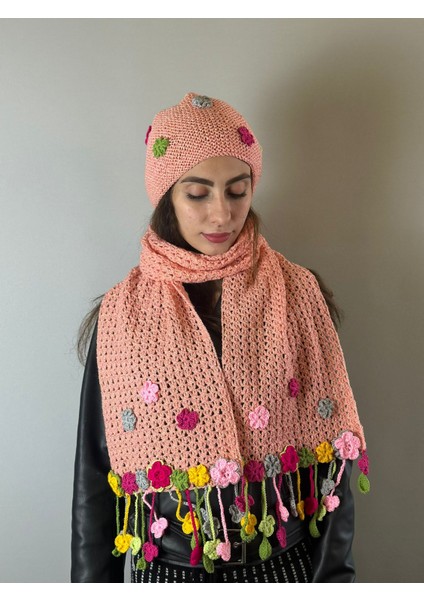 El Örgüsü Çiçekli Pembe Kadın Bere Boyunluk Atkı Set indirimleri
