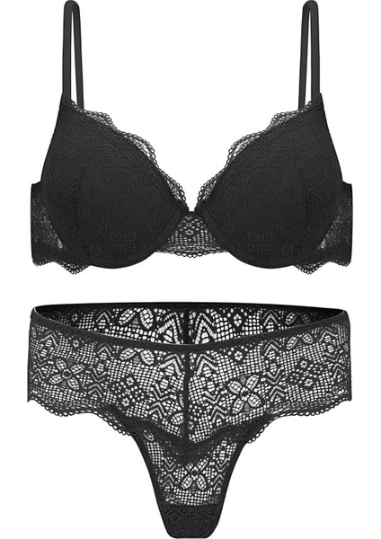 Anna 2735 Dantelli Dekolte Dolgulu Push-Up Sütyen ve Külot Takımı- Siyah