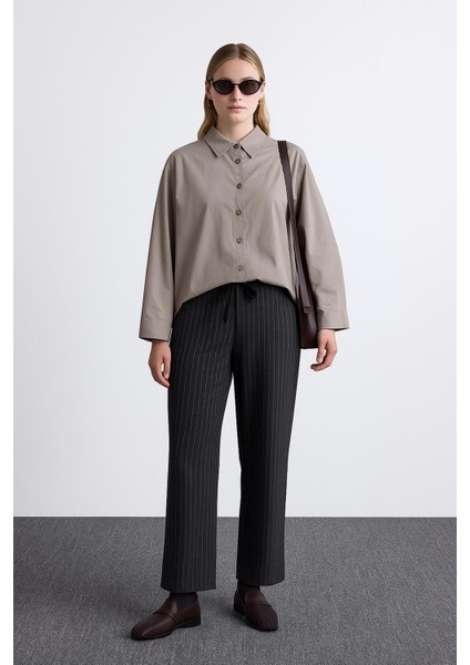 Esnek Yüksek Bel Geniş Paça Çizgili Pantolon Antrasit