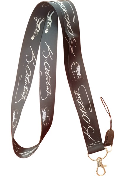 Siyah Beyaz Atatürk Imzalı Boyun Askı Ipi ve Telefon Askısı + Kartlık