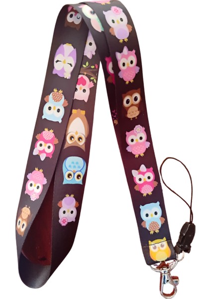 Baykuş Desenli Boyun Askı Ipi ve Telefon Askısı + Kartlık