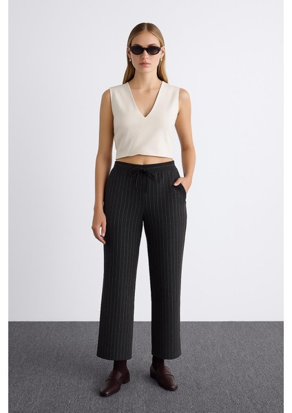 Esnek Yüksek Bel Geniş Paça Çizgili Pantolon Antrasit fiyatları