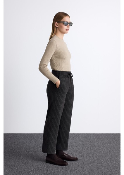 Esnek Yüksek Bel Geniş Paça Çizgili Pantolon Antrasit modelleri