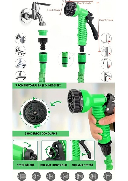 Uzayan Hortum Bahçe Sulama Araç Yıkama 7 Fonksiyonlu Başlık Hediyeli 25 Metre fiyatları