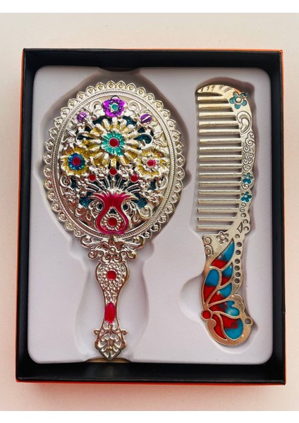 Ayna Tarak Seti, Kutulu-Metal-Hediyelik Takım, 13CM Aynalı Saç Fırçası, Tavuskuşu Figürlü