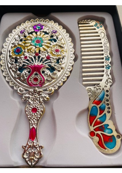 Ayna Tarak Seti, Kutulu-Metal-Hediyelik Takım, 13CM Aynalı Saç Fırçası, Tavuskuşu Figürlü modelleri