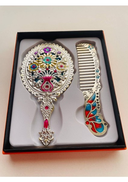Ayna Tarak Seti, Kutulu-Metal-Hediyelik Takım, 13CM Aynalı Saç Fırçası, Tavuskuşu Figürlü fırsatları