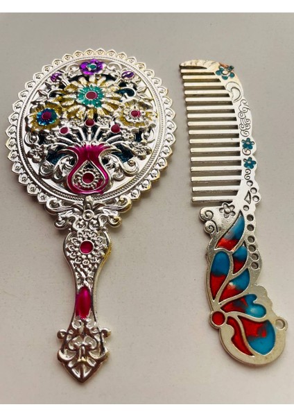 Ayna Tarak Seti, Kutulu-Metal-Hediyelik Takım, 13CM Aynalı Saç Fırçası, Tavuskuşu Figürlü